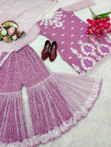 Purple Cotton Embroidery Work Kurta Set With Sharara