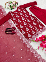 Red Designer Cotton Embroidery Work Kurta Set With Dupatta