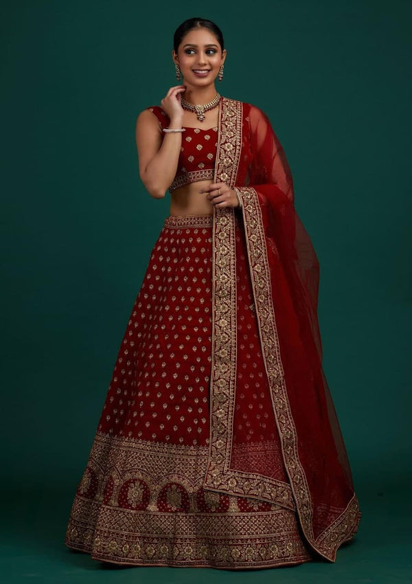 Red Banglory Silk Embroidery Work Lehenga Choli For Women