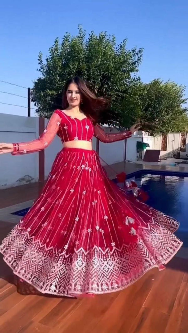 Red Georgette Sequence Work Lehenga Choli With Dupatta