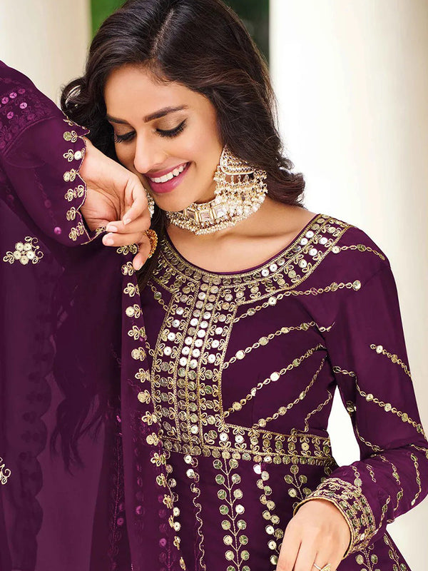 wine heavy embroidery and sequence work sharara palzo