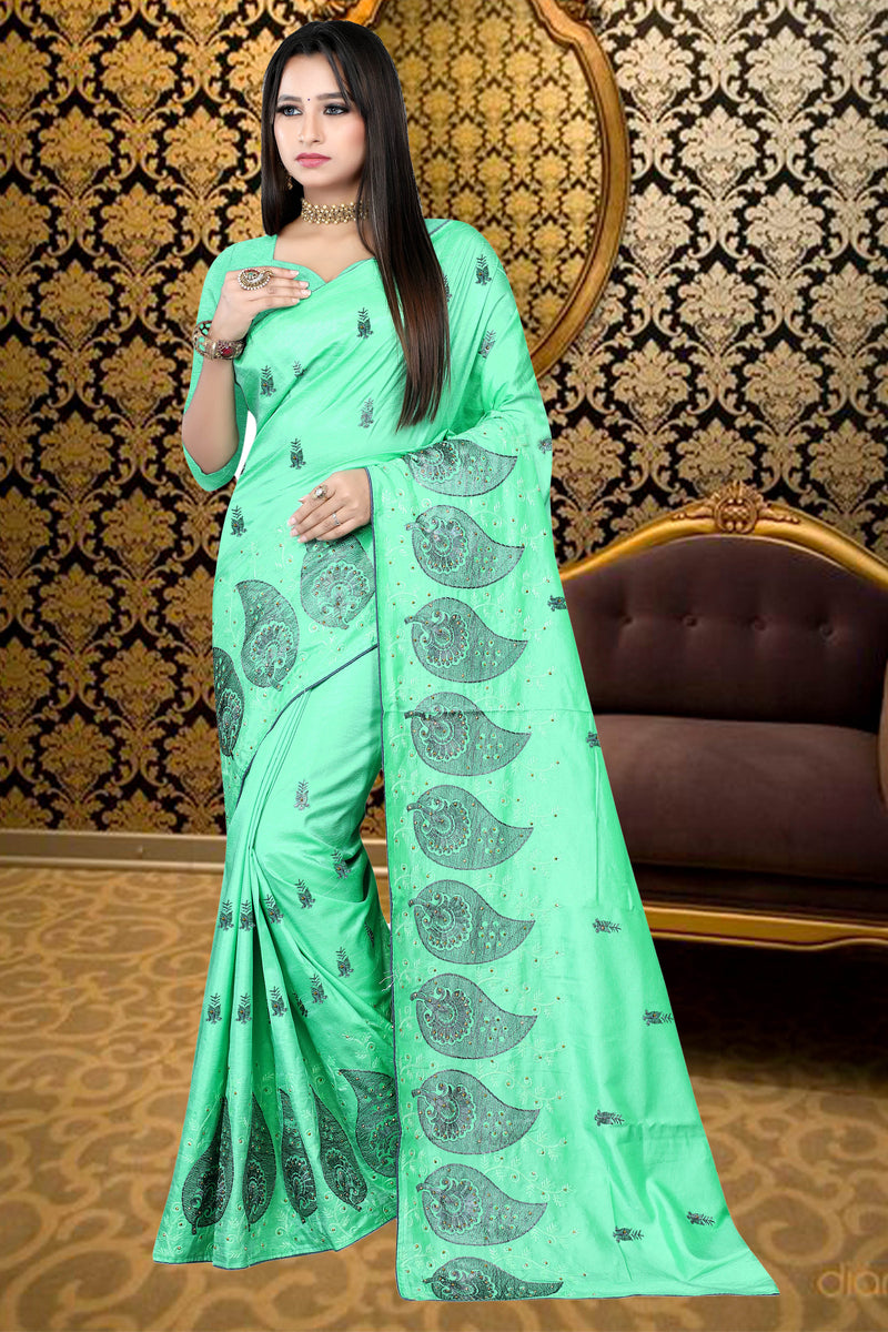 green embroidered fancy jacquard saree