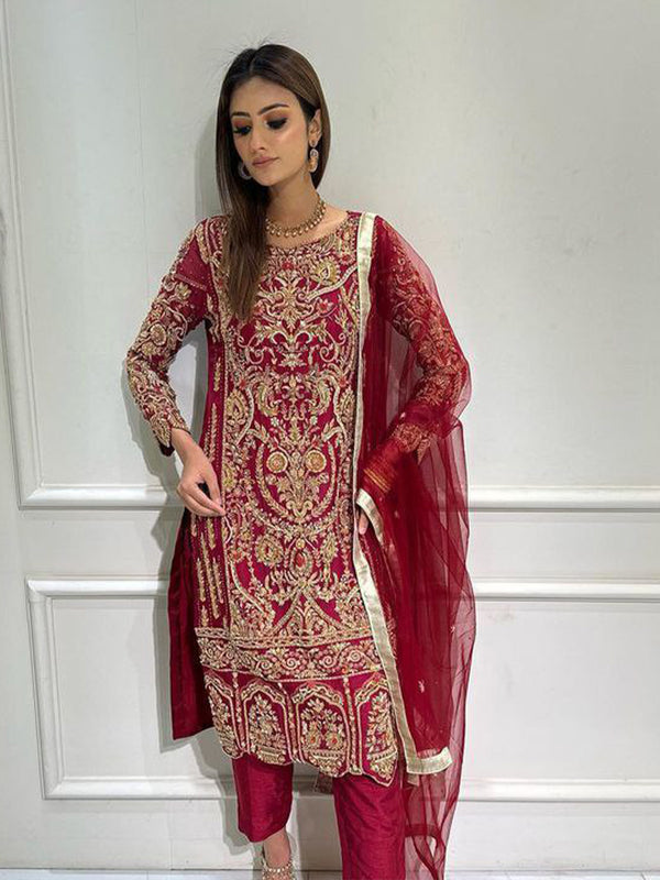 red georgette embroidery work gown with dupatta for women