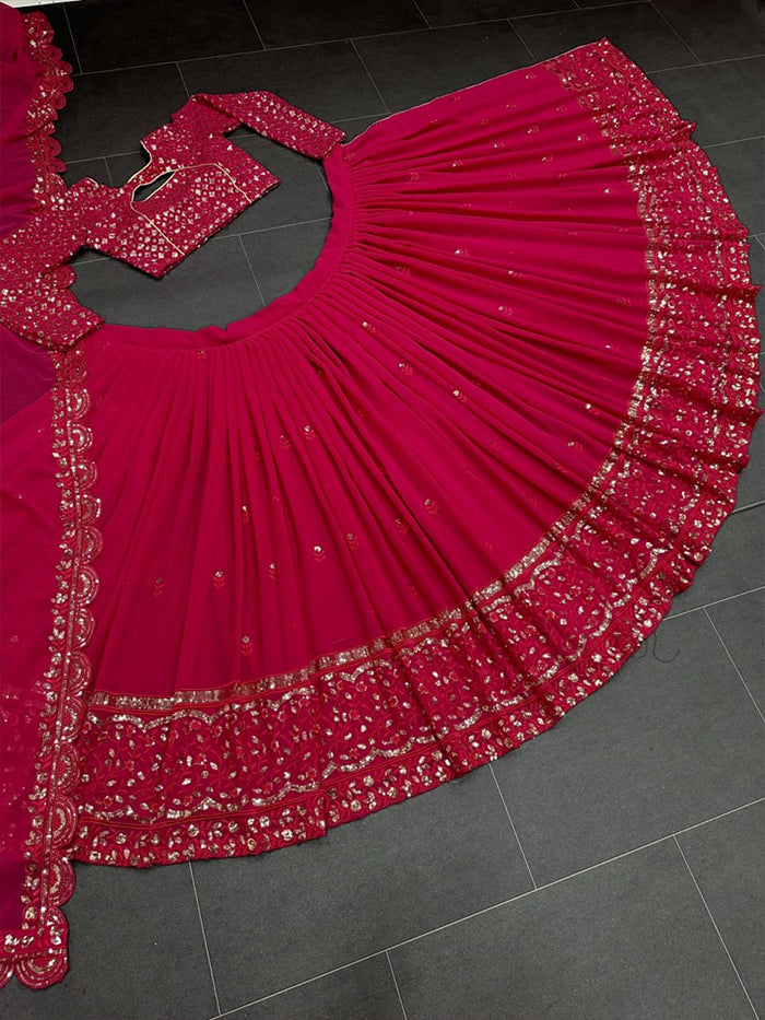 Red Georgette Embroidery Sequence Work Lehenga Choli With Dupatta