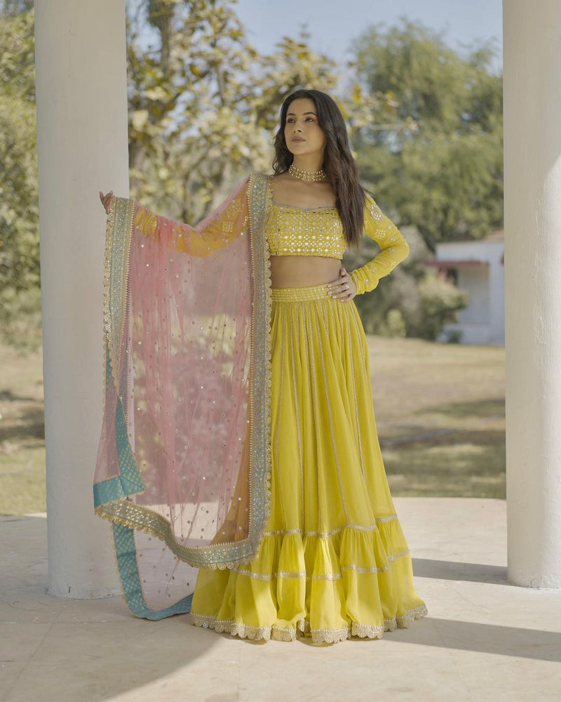 Yellow Heavy  Beautiful Georgette Work Wedding Wear Lehenga Choli For Women