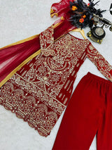 red georgette embroidery work gown with dupatta for women
