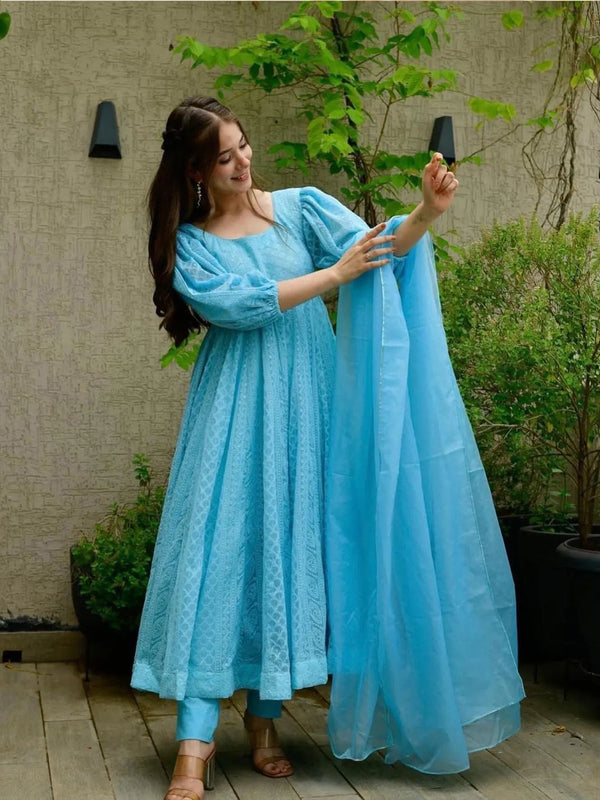 Sky Blue Embroidery work suit with Georgette Fabric Kurta Set For Women's