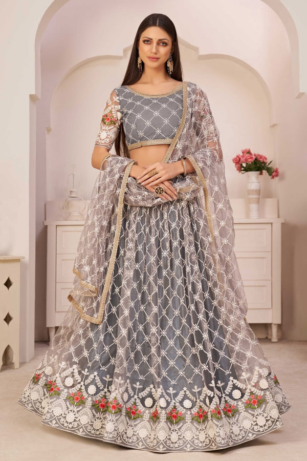 Grey Organza Embroidery Work Lehenga Choli With Dupatta