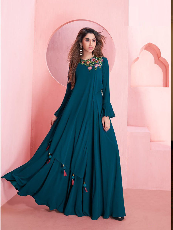 dark blue heavy georgette  embroidery gown for women