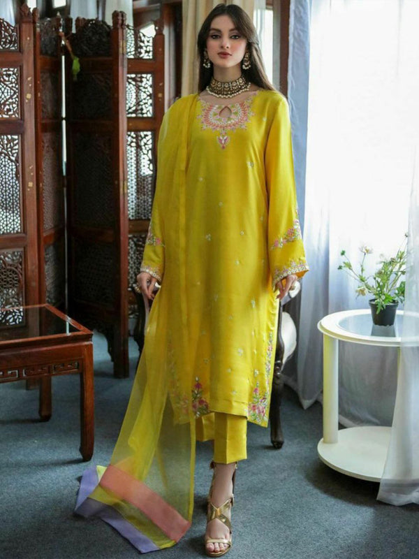 Yellow Faux Georgette Embroidery Work Dress For Women's