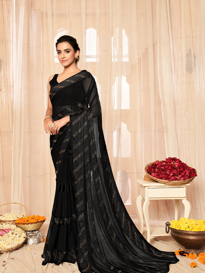 Solid Black Siroski Saree With Brasso Fabric  For Women