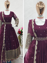 Wine  Georgette With Sequence  Long Gown For Women