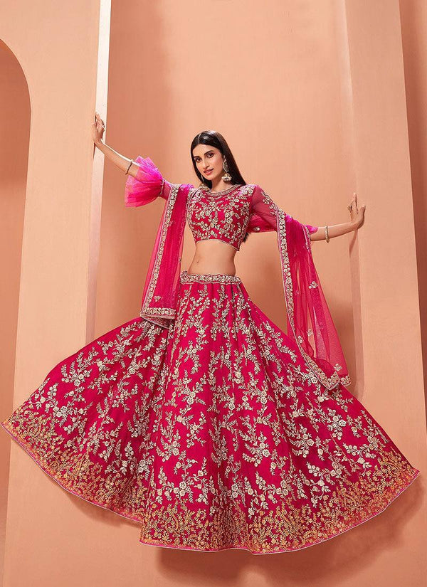 pink net embroidery designer work bridal lehenga choli for women's