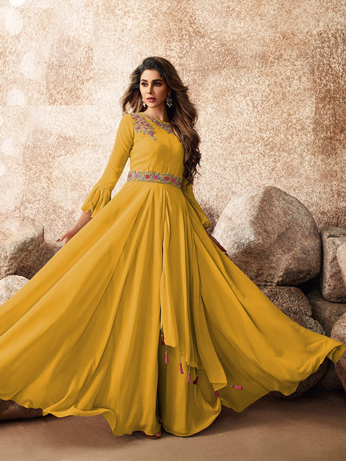 Yellow Designer Heavy Georgette  Embroidery Gown For Women