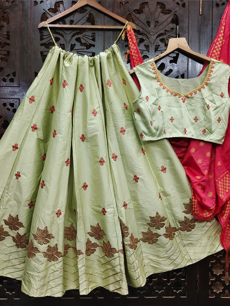 light green heavy malasi satin embroidery work lehenga choli  for women