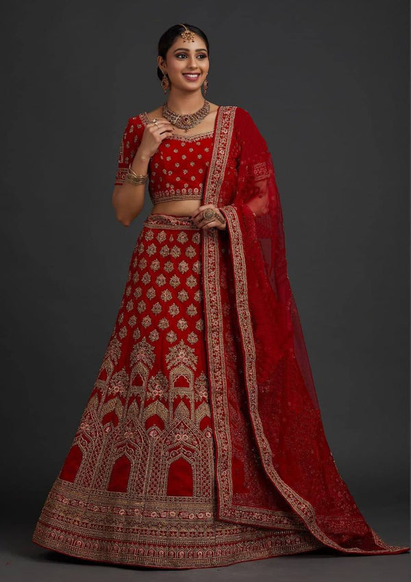 Red Designer Velvet Embroidery Work Lehenga Choli For Women's