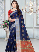 blue banarasi silk  cotton saree for  daily wear