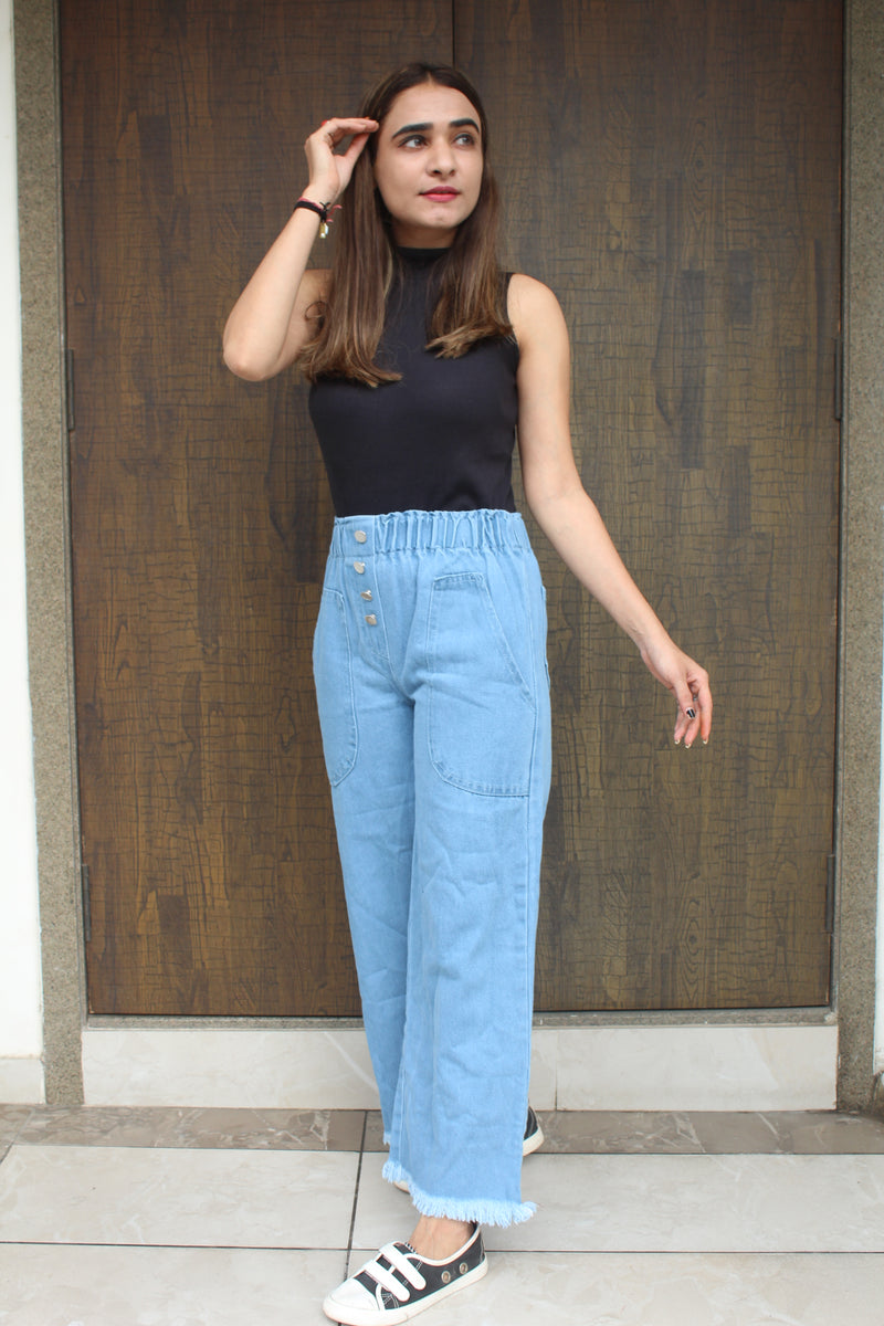 New designer trendy and stylist denim fabric 4 button plazo jeans