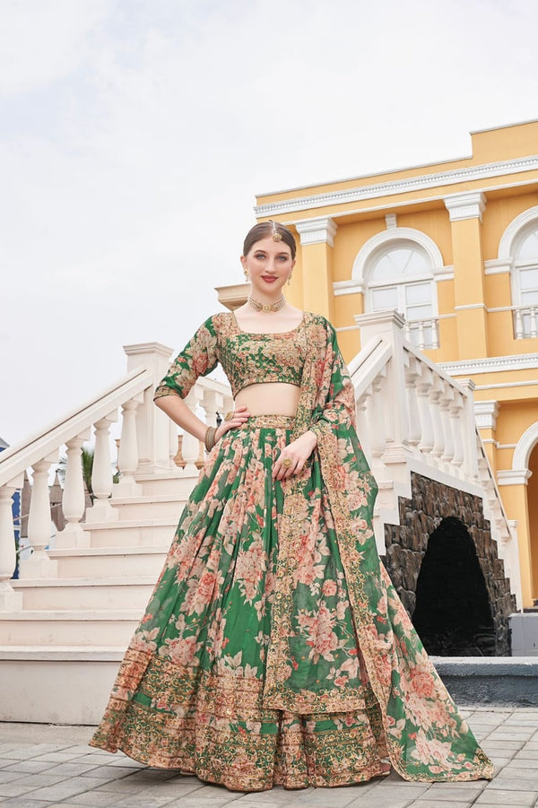 Green Georgette Embroidery Work Lehenga Choli With Dupatta