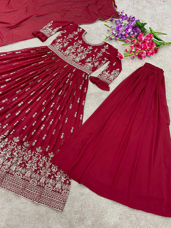 maroon heavy faux georgette with embroidery work  for women