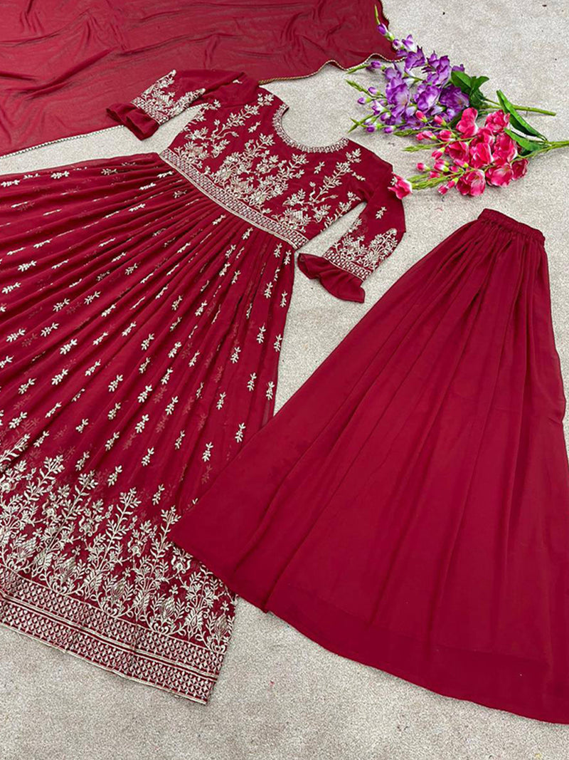maroon heavy faux georgette with embroidery work  for women