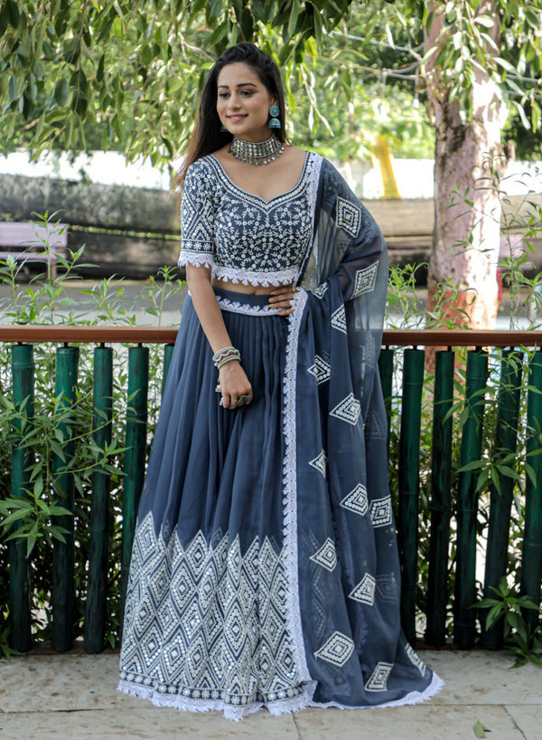 Grey Designer Georgette Embroidery Sequence Work Lehenga Choli With Dupatta