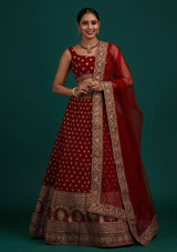 Red Banglory Silk Embroidery Work Lehenga Choli For Women