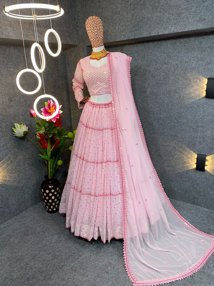 Baby Pink Georgette Lehenga Choli With Coding And Sequence Work