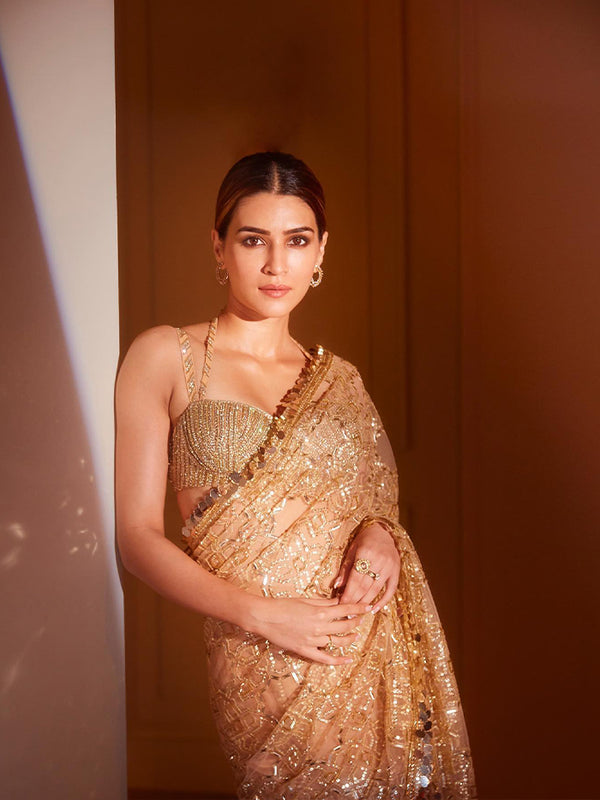 kriti sanon in gold designer fancy thread work with sequence saree for wedding
