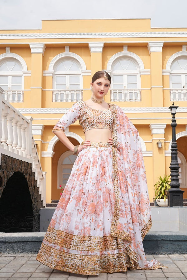 Cram Georgette Embroidery Thread Work Lehenga Choli With Dupatta