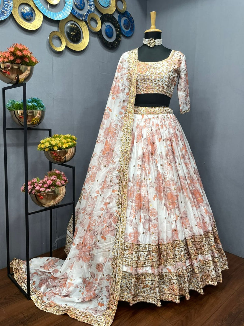 Cram Georgette Embroidery Thread Work Lehenga Choli With Dupatta