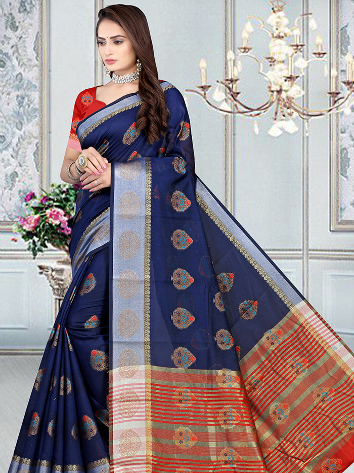 blue banarasi silk  cotton saree for  daily wear