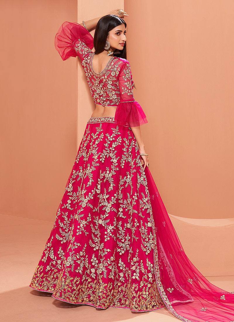 pink net embroidery designer work bridal lehenga choli for women's