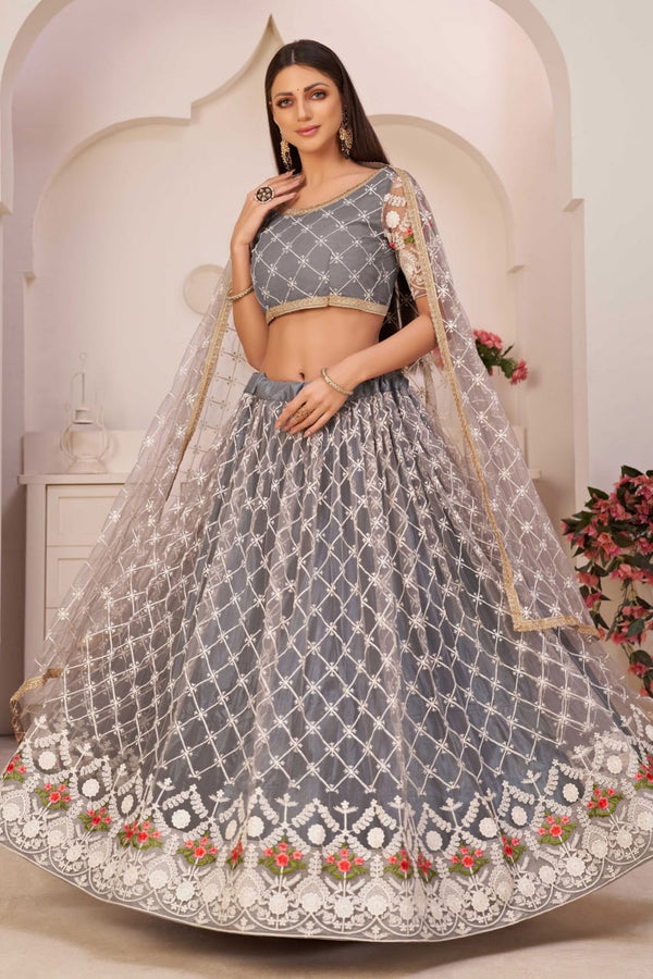 Grey Organza Embroidery Work Lehenga Choli With Dupatta