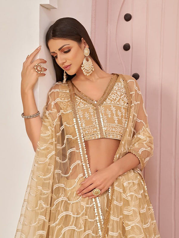 cream designer  trendy and fancy net embroidery work lehenga choli for women