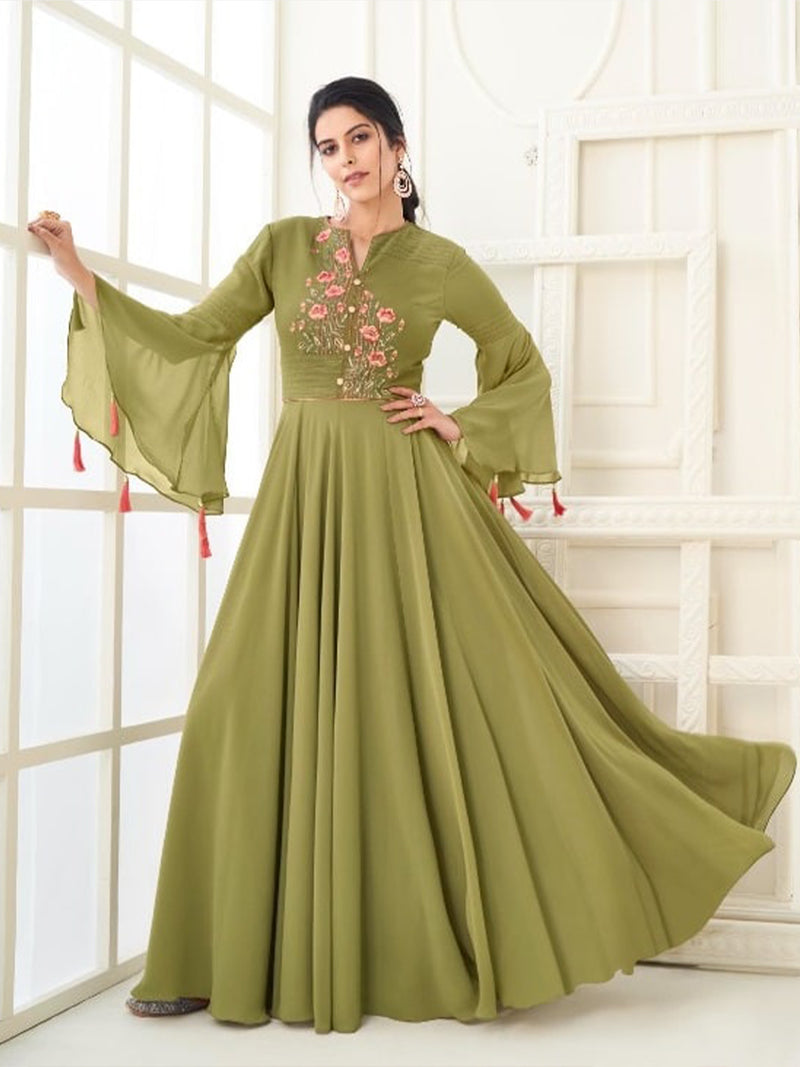 light green designer heavy georgette  embroidery gown for women