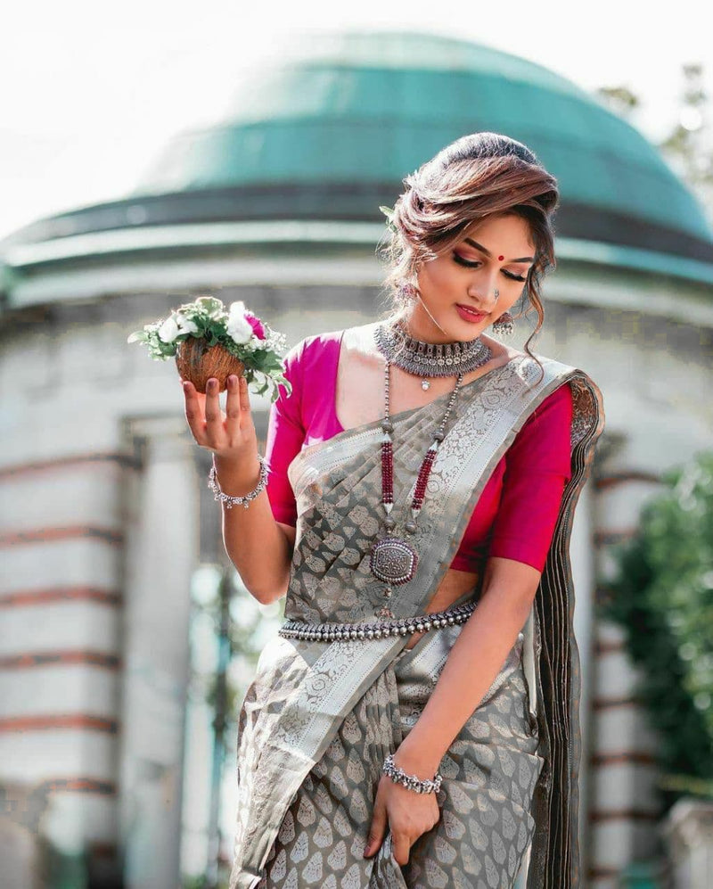 Women's Grey Color Soft Lichi Silk Saree For Wedding Wear