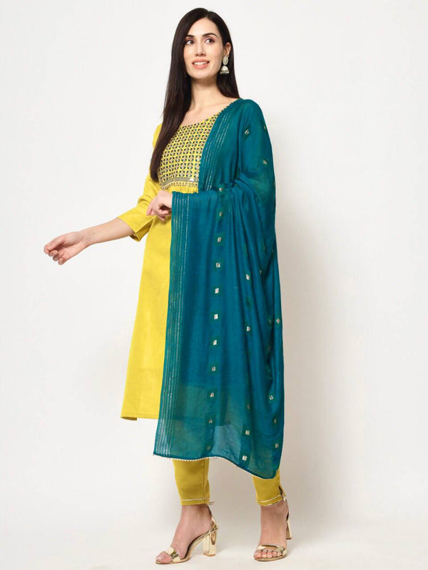 Yellow Designer Cotton Embroidery Work Kurta Set With Dupatta