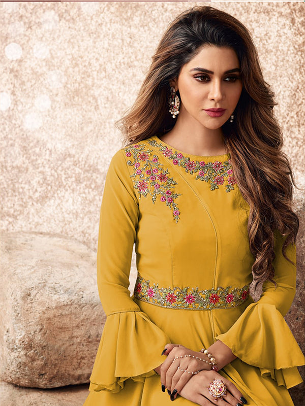 Yellow Designer Heavy Georgette  Embroidery Gown For Women