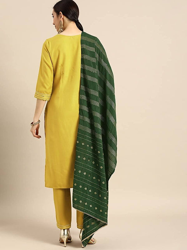 Yellow Designer Rayon Embroidery Work Kurta Set With Dupatta