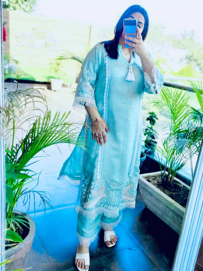 Sky Blue New Heavy Faux Georgette With Heavy Embroidery Work Chudidar Pent Plazo