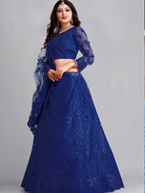 blue net embroidery thread work full sleeve lehenga choli for bridal