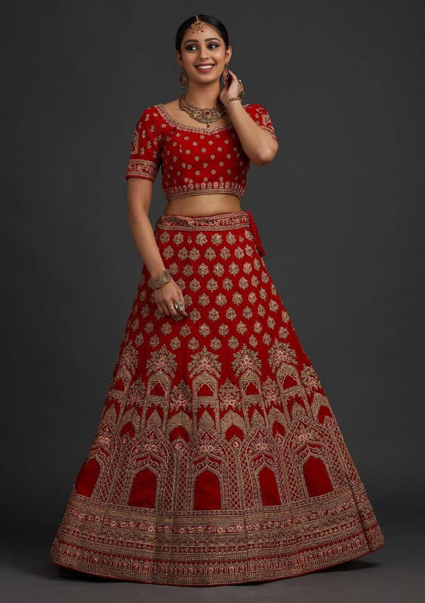 Red Designer Velvet Embroidery Work Lehenga Choli For Women's