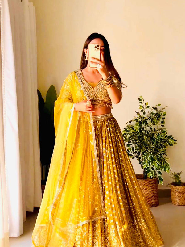 Yellow Designer Georgette Lehenga Choli With Heavy Embroidery Work