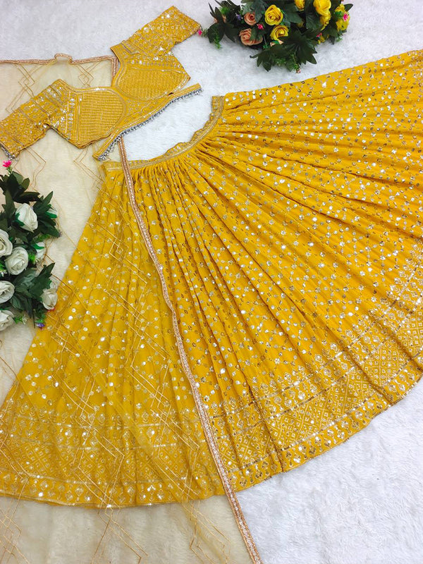 Yellow Designer Georgette Lehenga Choli With Heavy Embroidery Work