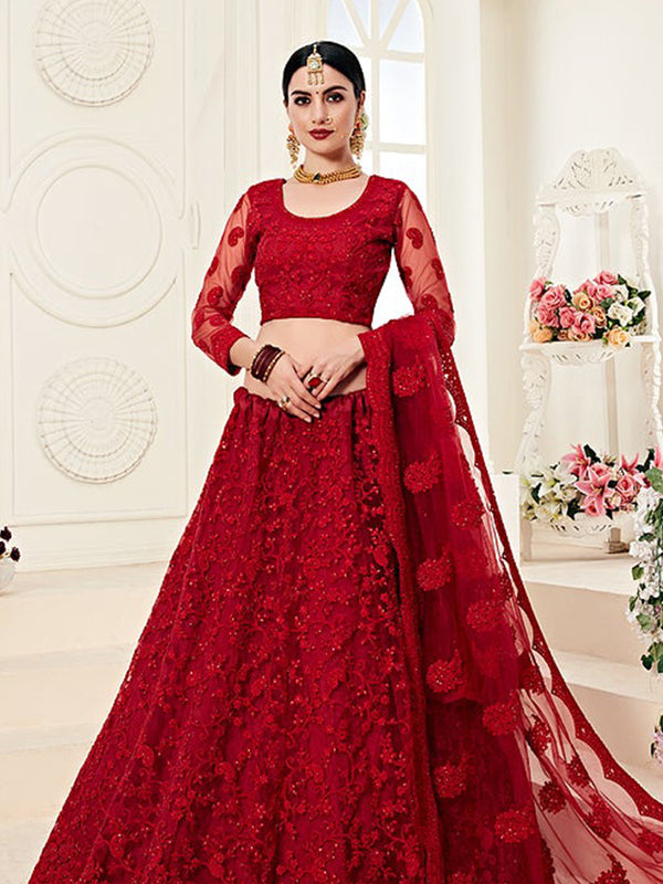 Red Designer Net Embroidery Work Lehenga Choli For Women