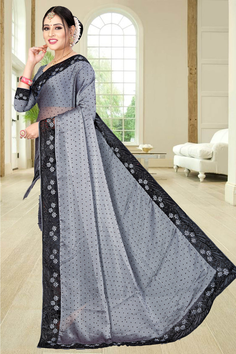 grey lycra blend  saree with diamond  blouse