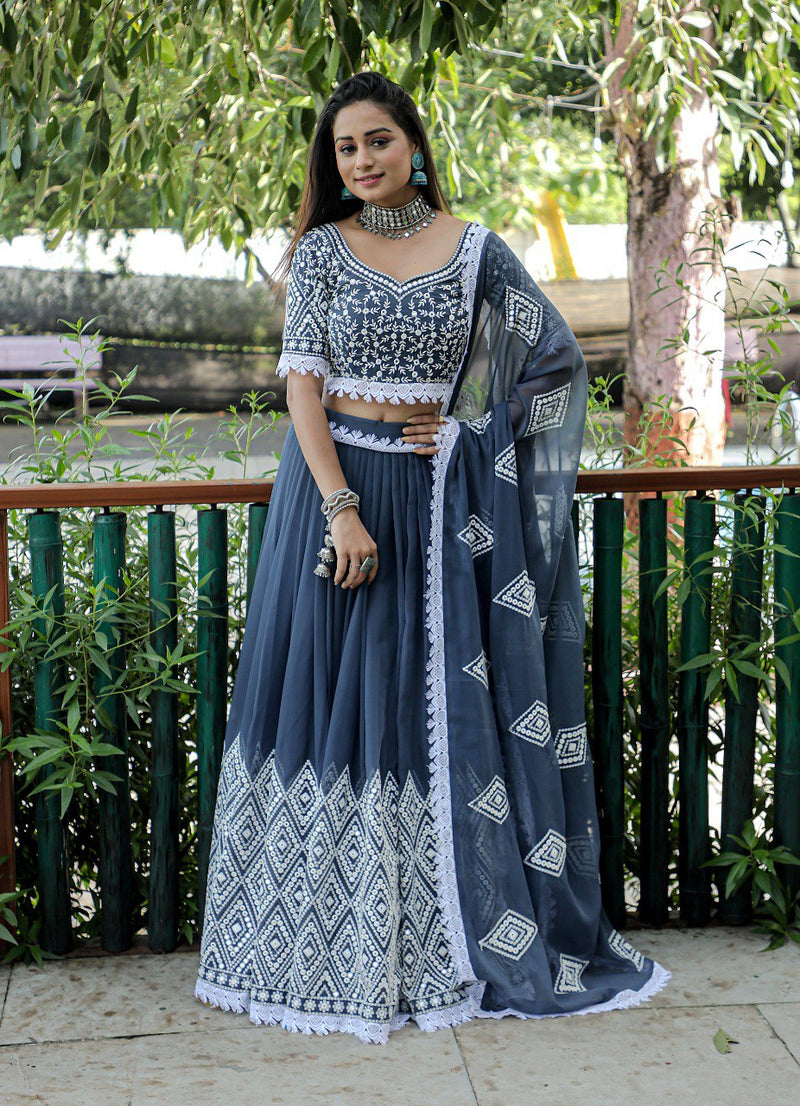 Grey Designer Georgette Embroidery Sequence Work Lehenga Choli With Dupatta