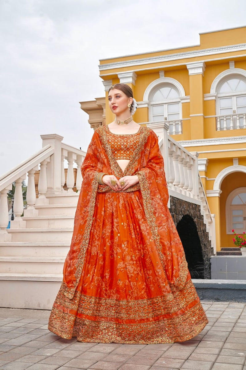 Orange Organza Embroidery Sequence Work Lehenga Choli With Dupatta