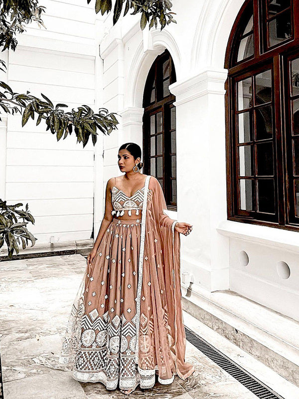 Peach Silk Sequence Work Lehenga Choli With Dupatta